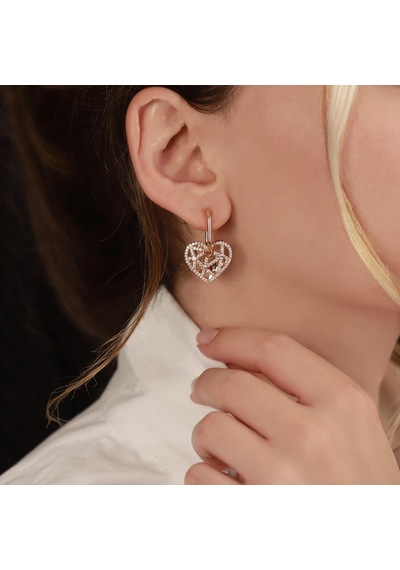 Kalp Tasarım Zirkon Taşlı Rose Gold Kaplama Gümüş Küpe Gümüş
