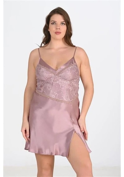Ang Butik Kadın Premium Büyük Beden Saten Dantel İşlemeli Vizon 2'li Gecelik Sabahlık Takımı Bigsize