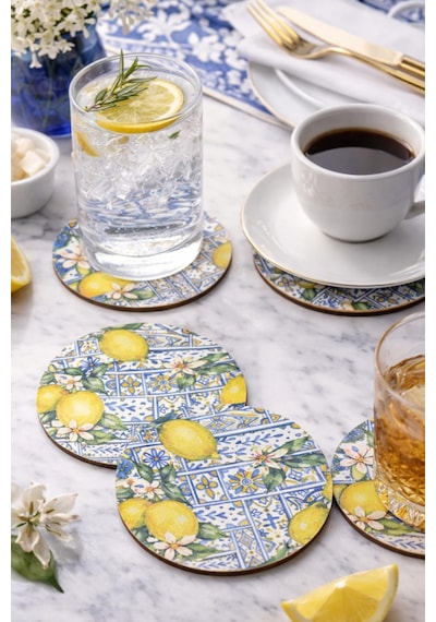 Sicilya Serisi Limon Desenli Bardak Altlığı 6 Lı Set Uv Baskı Mdf Çok Renkli