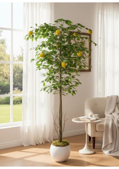 Yapay Limon Ağacı 160cm 10 Limonlu Doğal Görünümlü Beyaz Küre Plastik Saksılı Yapay Ağaç Sarı