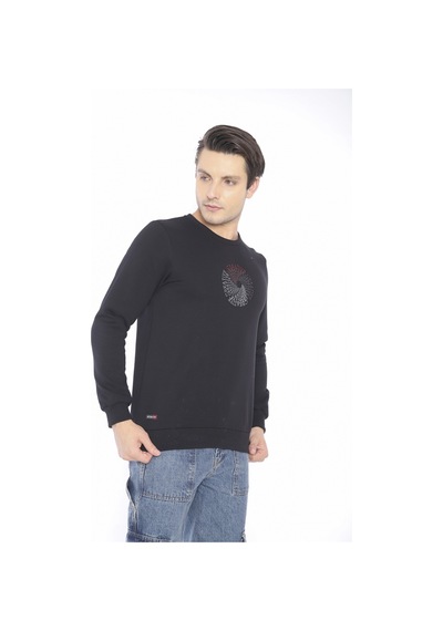 Escetic Erkek Spor Slimfit, Bisiklet Yaka Siyah Sweatshirt-4264 Siyah