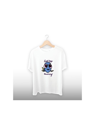 Just Keep Swimming Detaylı Unisex Tişört Beyaz
