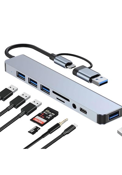 Alfais 6010 8 İn 2 Usb-c & Usb 3.0 Hub Çoklayıcı Usb, Type-c, Sd/tf Ve Aux Çevirici