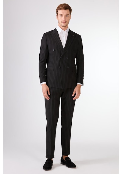 Dufy Siyah Çizgili Erkek Takım Elbise - Slim Fit Siyah