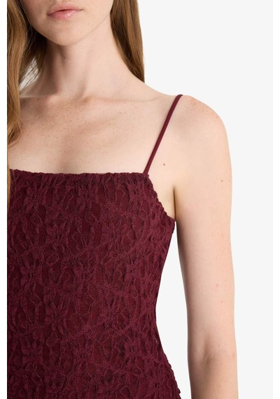Defacto Bodycon Vücudu Saran Askılı Dantel Midi Elbise F7886ax25aubr204 Bordo