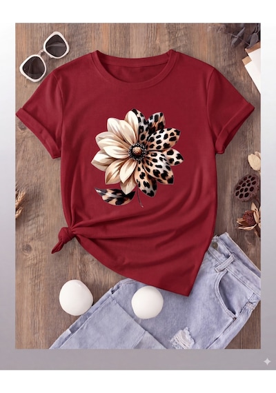 Nature & Wild Leopar Çiçek Baskılı T-shirt Kırmızı