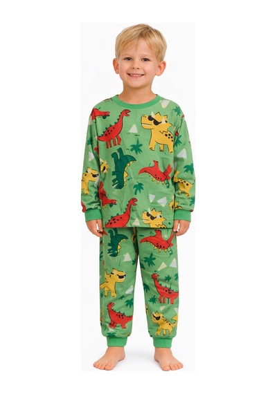 Mini Stella Kids Yeşil Dinozor Desenli Erkek Çocuk Pijama Takımı