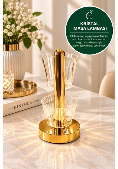 Evonıta Dekoratif Led Masa Lambası Spiral Tasarım Şeffaf Işıklı Abajur Gold Tabanlı Modern Gece Lambası