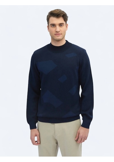 Kip İndigo Yarım Balıkçı Yaka Desenli Yün Karışımlı Triko Kazak İndigo