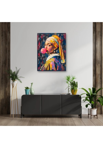 Balon Sakızlı İnci Küpeli Kız - Metal Tablo - Dec0391 38 X 50 Cm Çok Renkli