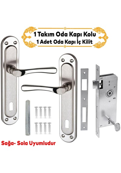 Kumru Nikel Saten Oda Kapı Kolu + Hok Er-40 Ekstra Gömme Kilit İç Kapı Oda Kilidi Rulmanlı Köşeli 40 Mm Takım