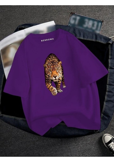 Kaplan Baskılı Oversize Unisex Tişört Mor