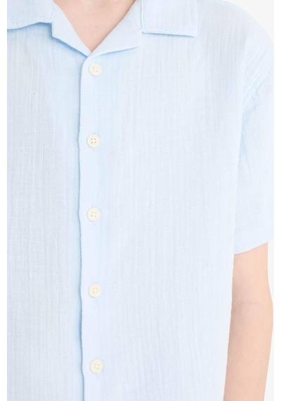 Defacto Erkek Çocuk Oversize Geniş Kalıp Polo Yaka Müslin Kısa Kollu Gömlek W3239a625hsbe174 Mavi