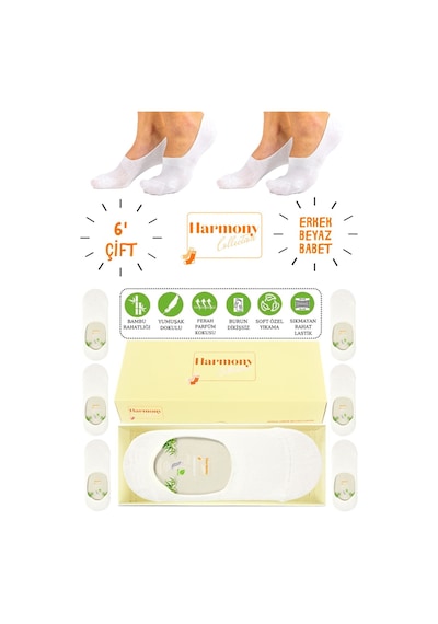 Harmony Collectıon Bambu Erkek Beyaz Babet 6 Çift Özel Kutulu, Burun Dikişsiz Ve Silikonlu Kaydırmaz Topuk Premıum