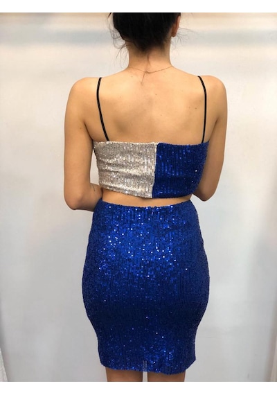 Sertac Boutique Mermaid - Askılı Pullu Saks Mavisi Takım