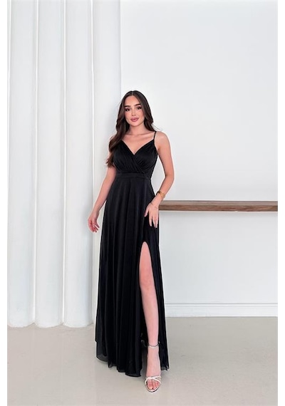 Neşeli Butik Kadın Ayarlanabilir Askılı Yırtmaçlı Tül Abiye Elbise Rys9276 Siyah