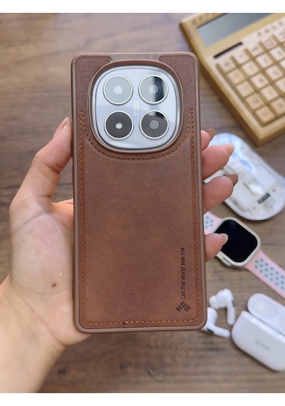 Redmi Note 14 Pro 5g Uyumlu Premium Deri Dokulu Darbelere Karşı Dayanıklı Nazal Silikon Kılıf Kahverengi