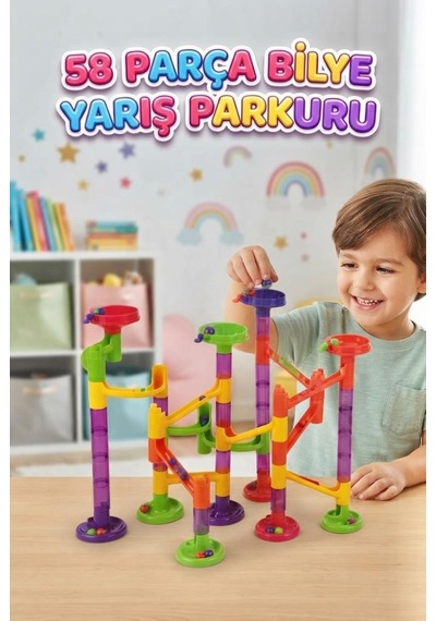 58 Parçalı Yaratıcı Eğitici Ve Eğlenceli Misket Ve Misket Kaydıraklı Oyuncak Kule Seti