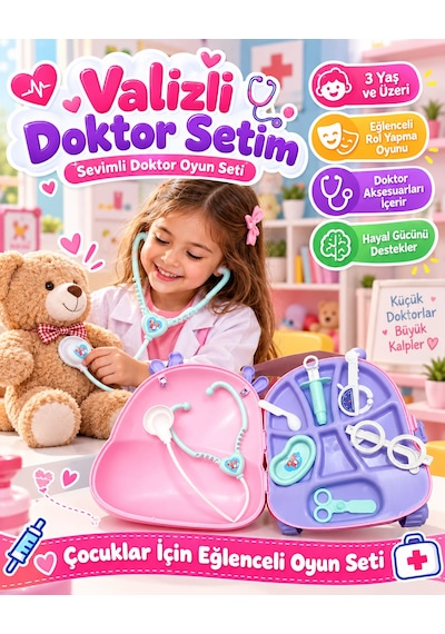 Oyuncak Çekçek Valizli Aksesuarlı Makyaj Doktor Tamir Set Taşınabilir Tekerlekli Renkli Çantalı Bavul Güzellik Eğitici Meslek Seti 50x25 Cm Çok Renkli