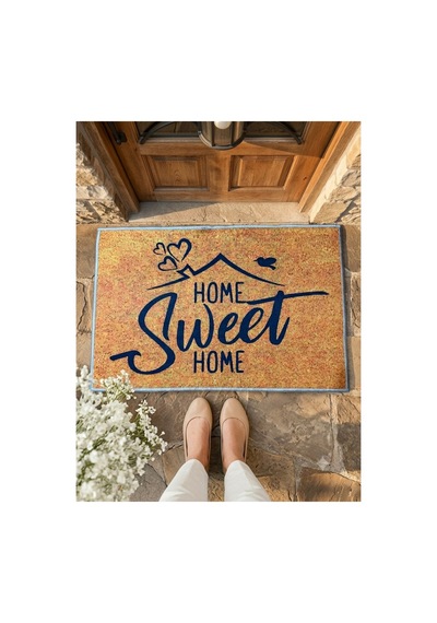 Ev Figürlü Home Sweet Home Retro Tasarım Dekoratif Kapı Önü Paspası 40x60cm Çok Renkli