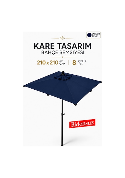 Alubrella Kare Lacivert Bahçe, Güneş Şemsiyesi 210x210/8 Çelik Tel Bidonsuz