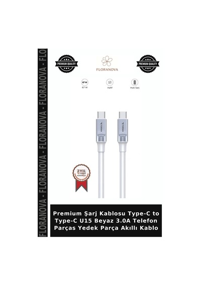 Premium Şarj Kablosu Type-c To Type-c U15 Beyaz 3.0a Telefon Parças Yedek Parça Akıllı Kablo
