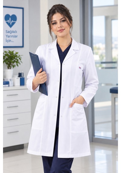 Beyaz Önlük Unisex Orta Boy Klasik Yaka Uzun Kol Doktor Öğretmen Hemşire Öğrenci Stajyer Eczacı Laboratuar Önlüğü