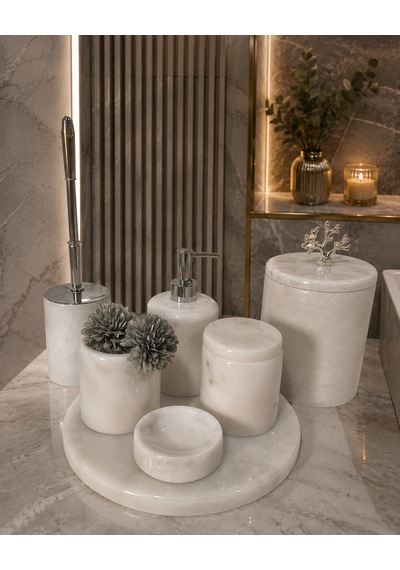 Akmera Elite 7 Parça %100 Gerçek Mermer Banyo Seti Beyaz