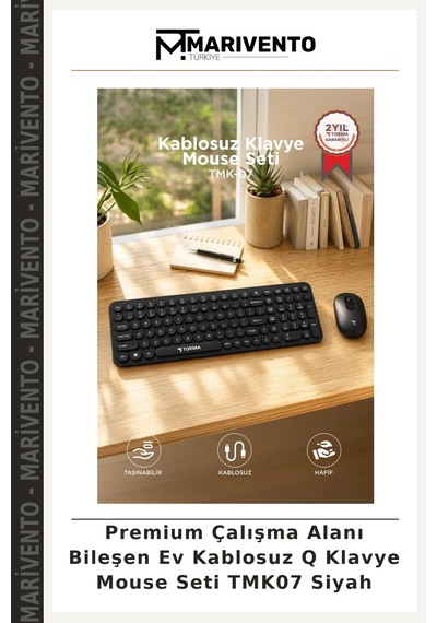 Premium Çalışma Alanı Bileşen Ev Kablosuz Q Klavye Mouse Seti Tmk07 Siyah