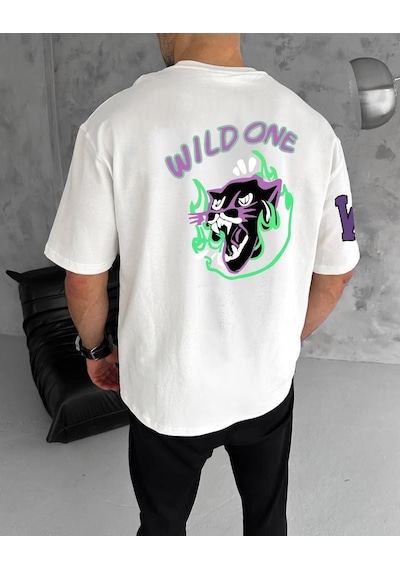 Barlashive Erkek Kısa Kol Tişört Bisiklet Yaka W Wildone Baskılı T-shirt - Beyaz Çok Renkli
