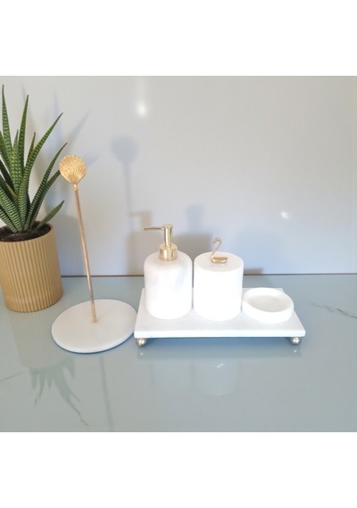 Doğal Beyaz Mermer Banyo Ve Lavabo Düzenleyici 5 Li Set Gold Aksesuarlı Beyaz