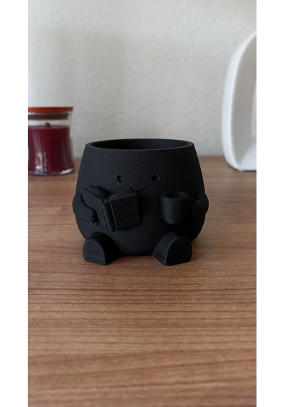 3d Baskı Kitap Okuyan Saksı - Kupa Tutan Sevimli Saksı-siyah Belirtilmemis