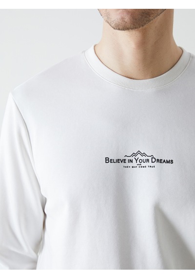 Lcwaıkıkı Classic Beyaz Bisiklet Yaka Uzun Kollu Baskılı Erkek Sweatshirt