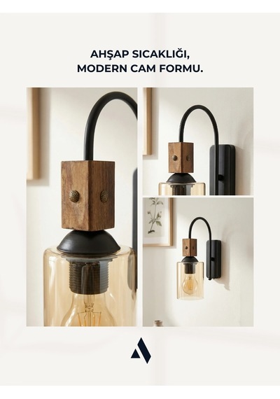 Altira Ahşap Süslemeli Duvar Apliği Rustik Modern Stil, Opal Ve Bal Camlı Bal