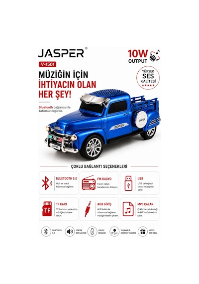 Jasper Jpr-1501 Mavi 10w Bluetooth Hoparlörlü Retro Kamyon Tasarım Fm Radyo, Usb, Tf Kart, Aux Ve Mp3 Çalar 67522145