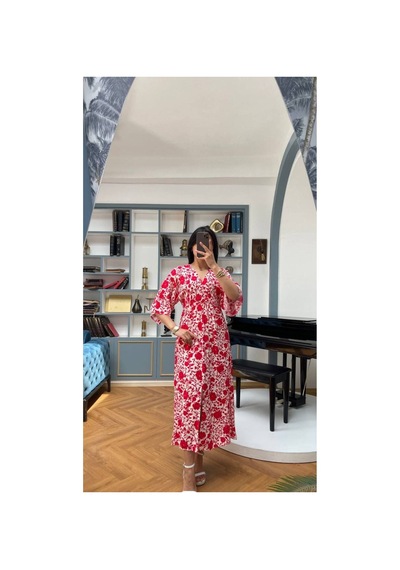 Moda Banuş Kırmızı Önden Yırtmaçlı Elbise 3154