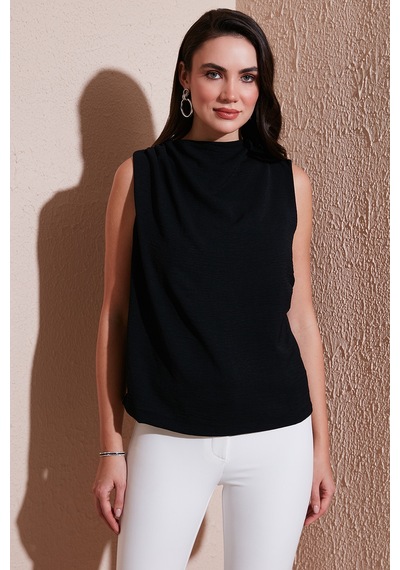 Lela Slim Fit Dik Yaka Omuz Büzgülü Bayan Bluz 6527836 Siyah