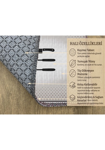 Turkıshrug Kıngdom Gri Kitchen Yazılı Dekoratif Mutfak Halısı Kaymaz Ve Yumuşak Çok Renkli