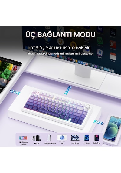 Aula F75 Mekanik Rgb Tkl Seiya Switch Kablosuz Makrolu Hot Swap Klavye Gradyan Mor
