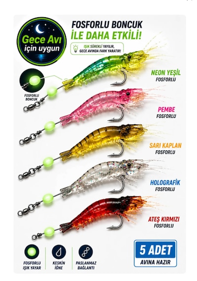 Cappadocians Deniz Avcılığı, Av, Karides Silikon Yem - Hazır Balık Yemi - Lrf Yem - Levrek Çupra Yemi - Jigheadli 5 Li Set - 7 Cm 6 Gr, Silikon Yem