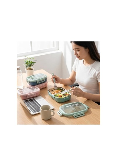 800 Ml Kapasiteli 2 Bölmeli Paslanmaz Çelik Lunch Box, Kilitli Kapak Ve Çatal Kaşık Dahil