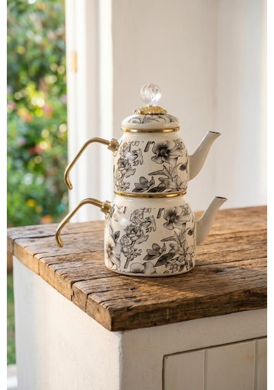 Acar Xap-10386 Scottish Garden Mini Emaye Çaydanlık Takımı Beyaz