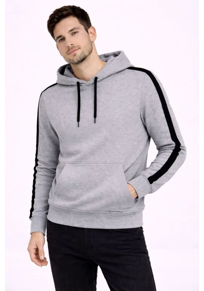 Erkek Şeritli Kapüşonlu Sweatshirt Oversize 3 İplik Pamuklu Hoodie - Gri