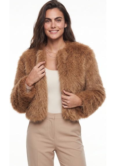 Onloox Kadın Taba Taba Polyester Kumaş Suni Kürklü Astarlı Uzun Kollu Rahat Kesim Yumuşak Dokulu Mont