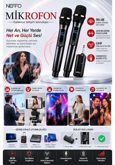 Çiftli Kablosuz Mikrofon Seti Şarj Edilebilir Karaoke Mikrofonu, 50 Metre Mesafe