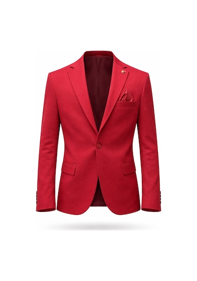 Plus Scorpion Erkek Kırmızı Armürlü Kumaş Blazer Ceket Tek Düğmeli, Mono Yaka, Çift Yırtmaçlı Slim Fit Kırmızı