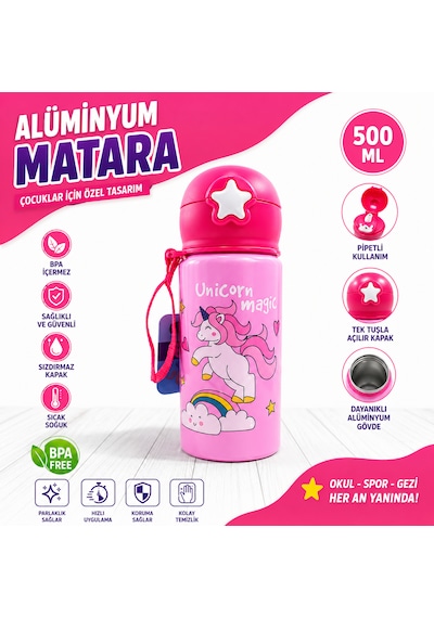 Alüminyum Matara 500 Ml Çocuk Su Matarası Pipetli Sızdırmaz Dayanıklı Taşıma İpli Pembe