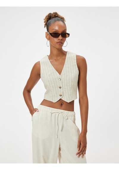 Koton Crop Yelek Keten Karışımlı Kolsuz V Yaka Düğmeli Slim Fit Bej Çizgili 4sal30085ıw Ekru
