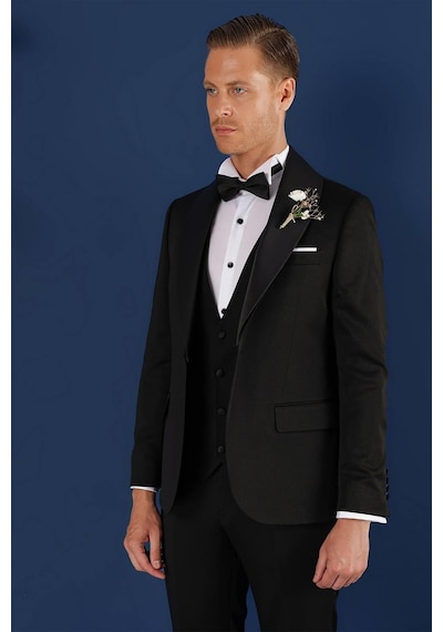 Efor Black 070 Slim Fit Yelekli Çıkarılabilir Saten Yaka Siyah Damatlık Smokin Takım Siyah