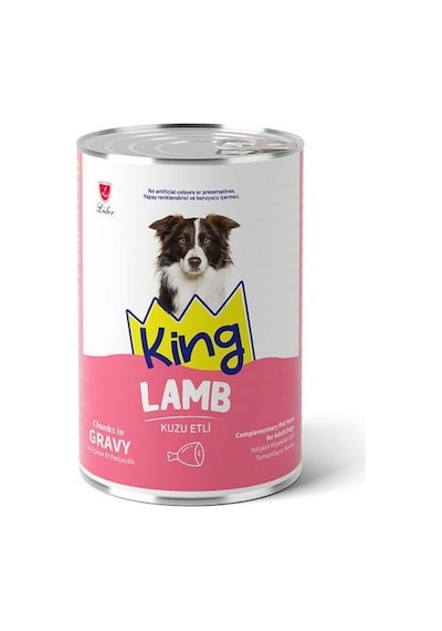 King Sos İçinde Et Parçacıklı Kuzu Etli Yetişkin Köpek Konservesi 400 Gr